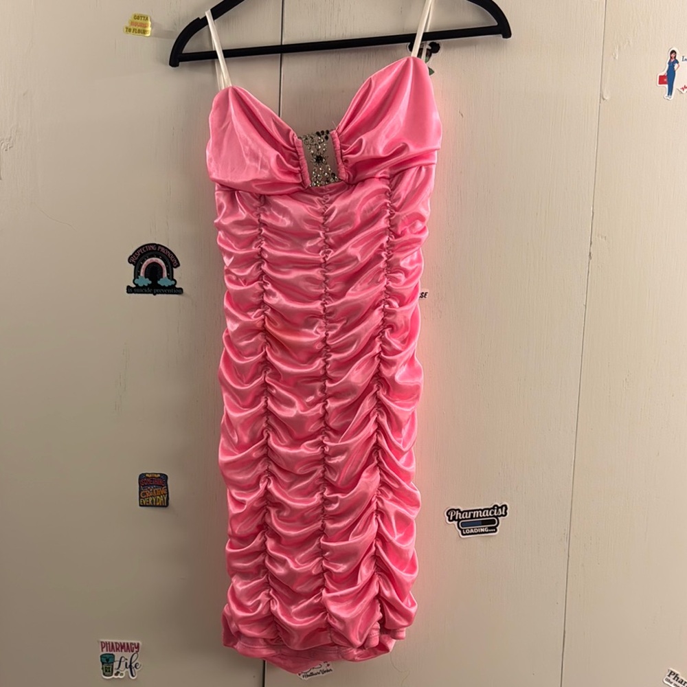 Hello Molly Pink Satin Ruched Mini Dress